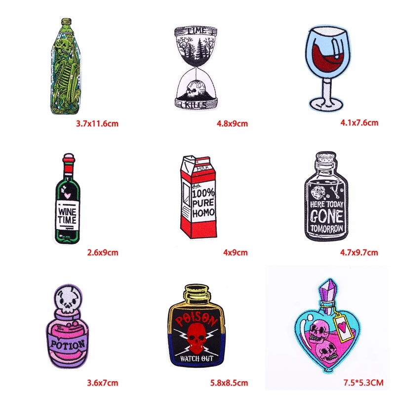 10 unids/lote botella de copa de vino tinto parche bordado hierro en parches para ropa personalizado Punk botella de dibujos animados parche chaquetas DIY - imagen 3