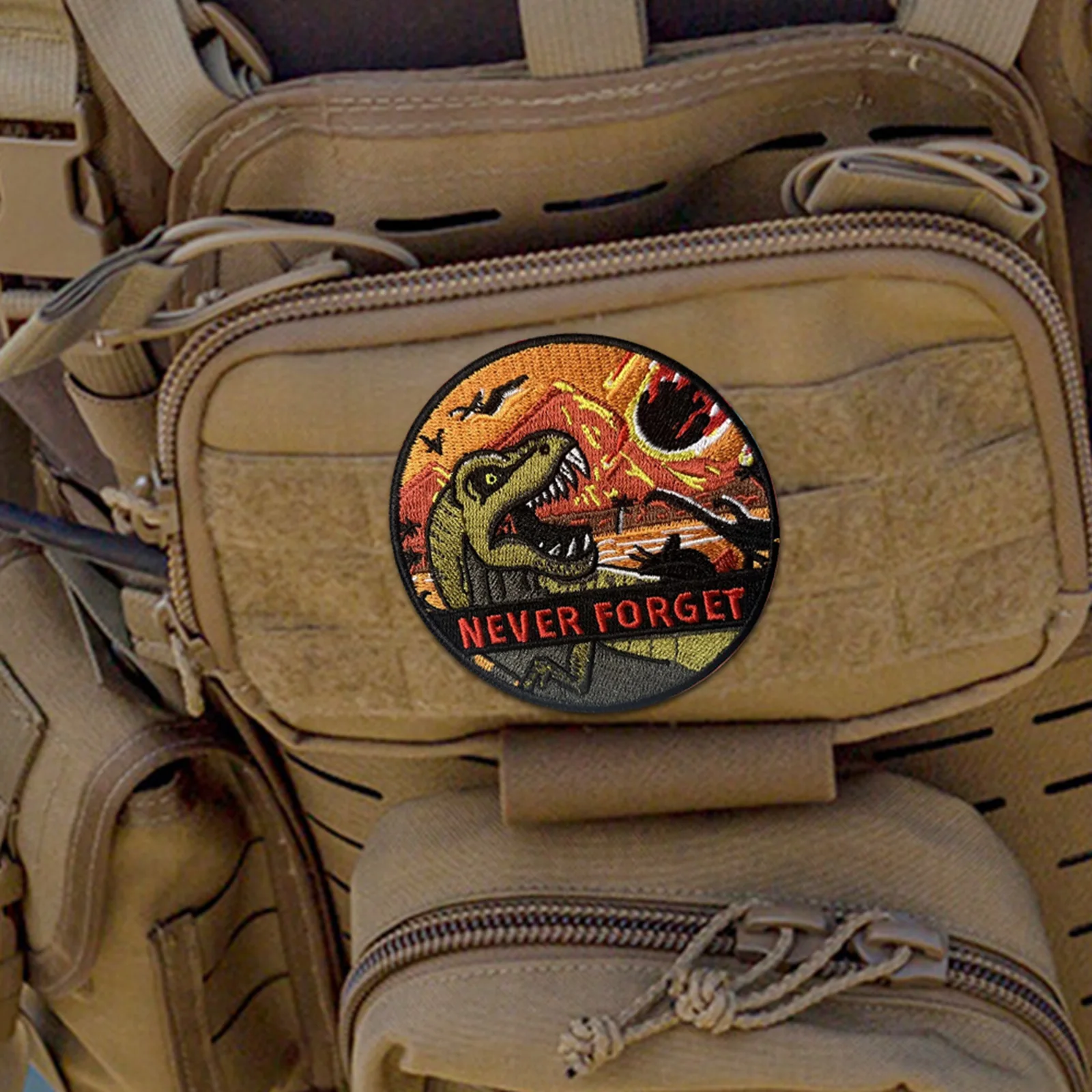 Parche táctico de dinosaurio nunca olvides, parche bordado con gancho y bucle, brazalete, insignia de moral del ejército militar, pegatinas para mochila - imagen 5