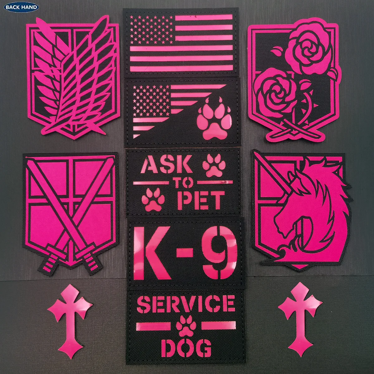 Accesorios para bolsas al aire libre, reconocimiento nocturno cortado con láser, insignia luminosa, servicio de perro, chaqueta rosa DIY, mochila, parche de gancho y bucle