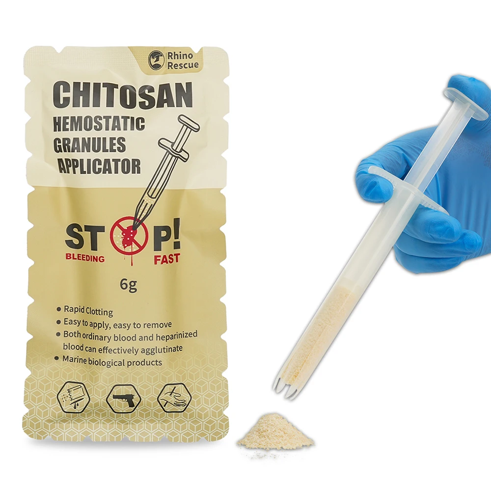 Gránulo hemostático RHINO RESCUE 6g en su envase compacto