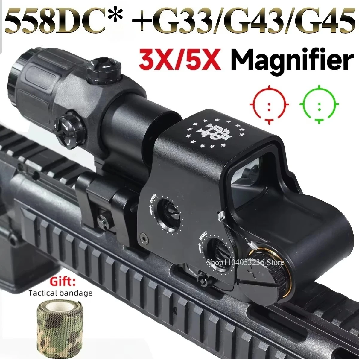 E * T * CH 558 DC * mira holográfica de punto rojo verde con lupa G33/G43/G45 3X 5X para caza Airsoft compatible con soportes de riel de 20mm y palanca QD
