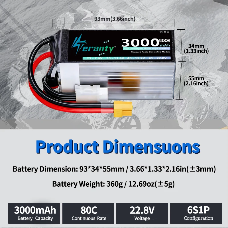2 Baterías Lipo TERANTY 6S 3000mAh 22.2V 22.8V 60C 80C con Conector XT60 XT90 para Dron FPV, Helicóptero, Avión, Coche RC, Camión, Barco - imagen 3