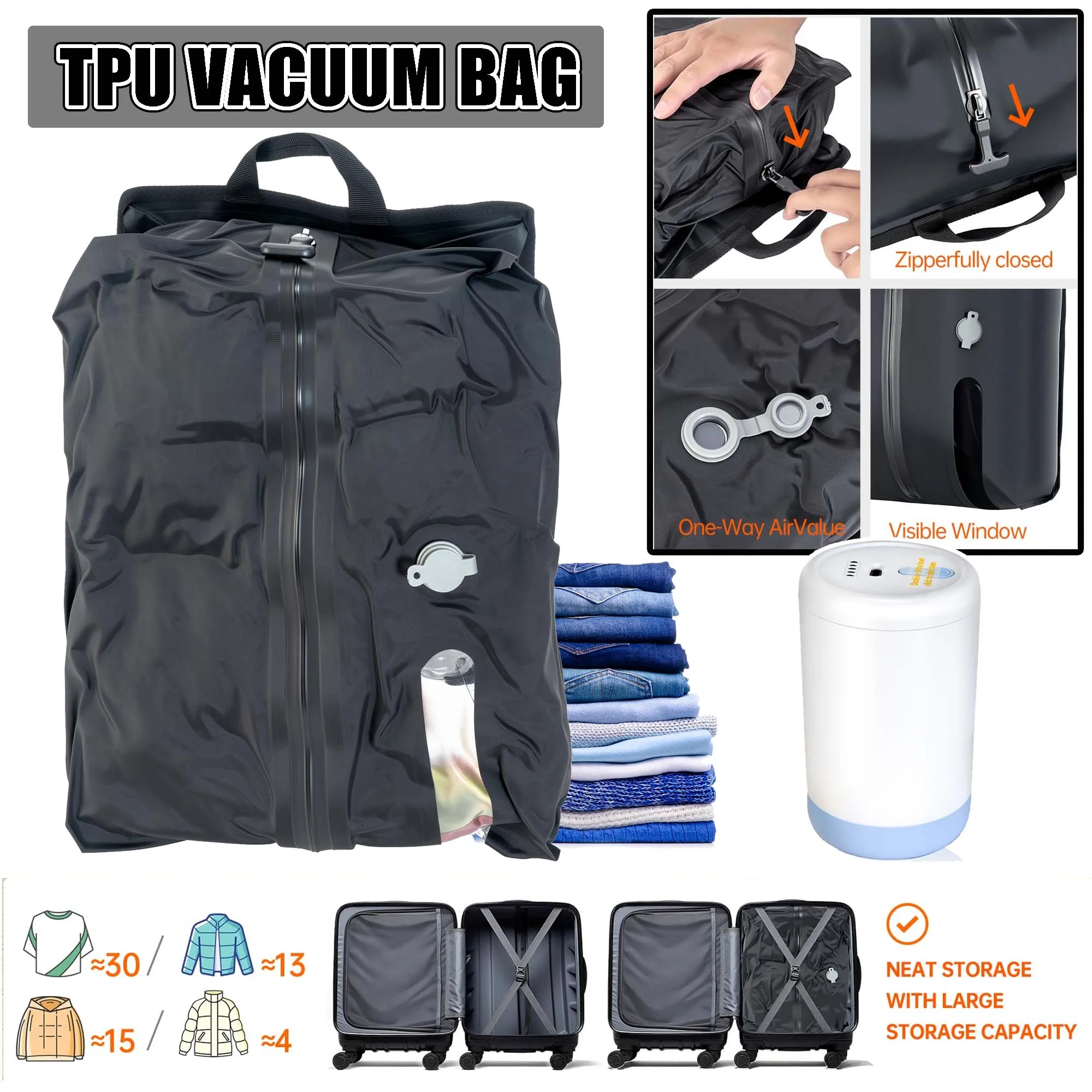 Bolsa de vacío de TPU para equipaje con bomba, bolsas reutilizables de nailon laminado 72D para ahorrar espacio, viaje con cremallera impermeable IP67 y bomba USB