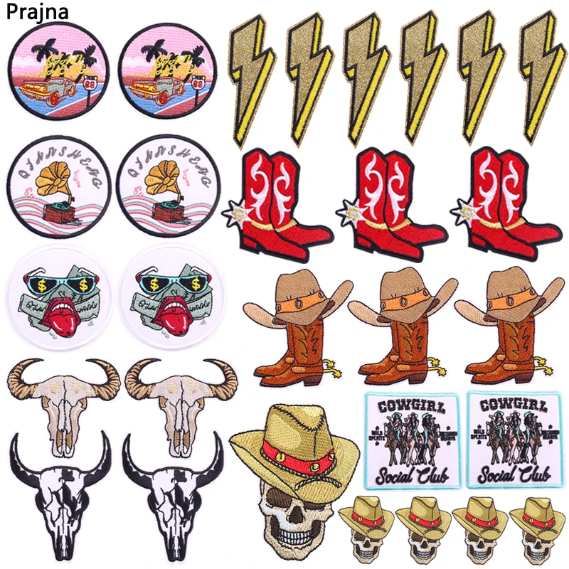 Parches bordados de vaquero del Oeste, Calaveras, huesos de vaca, botas, parches de planchado para ropa, chaquetas, insignias bordadas, 10 piezas