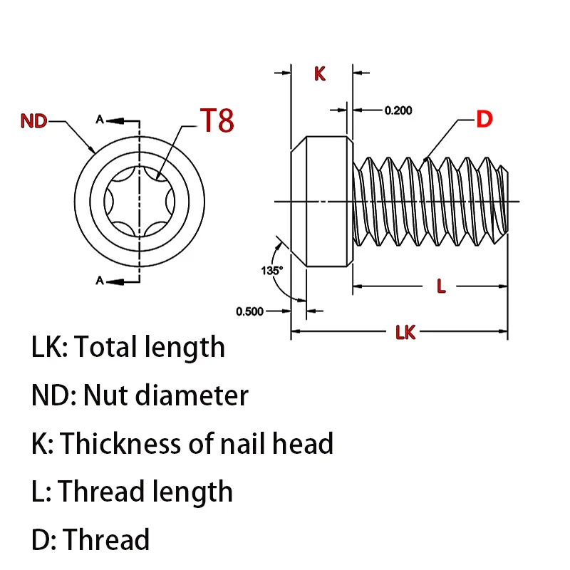 Tornillo de cabeza plana T8 Torx de aleación de titanio, 4 piezas, para montaje de mango de cuchillo, rosca M3, husillo de aleación de titanio para bricolaje - imagen 2