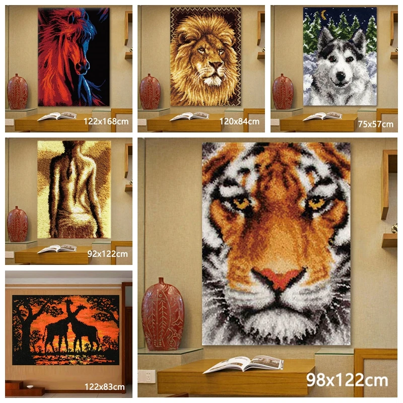 Kits de tapiz de gancho de pestillo de León y Tigre, paquete de bordado de segmento, gancho de pestillo para colgar en la pared, serie Animal, decoración de paquete de Smyrna