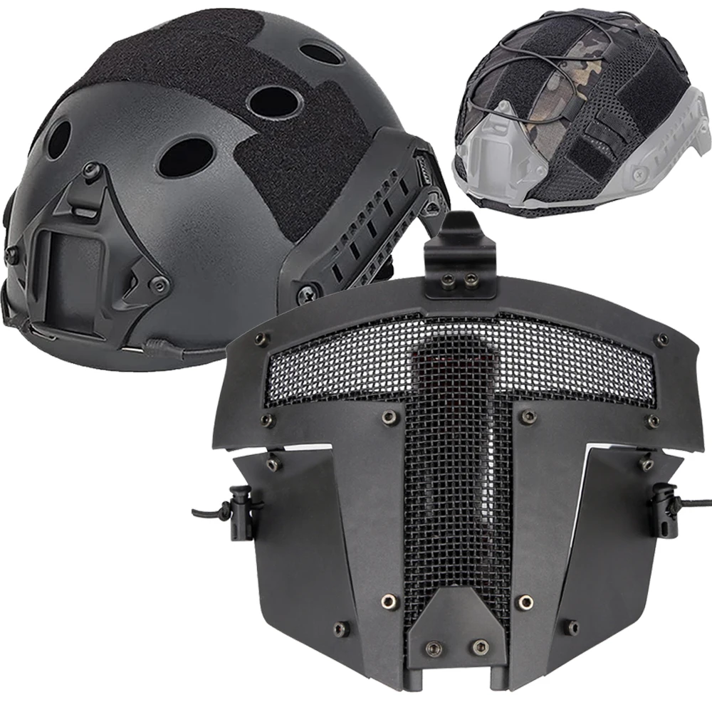 Conjunto de casco táctico con funda de casco de camuflaje & Máscara de malla de cara completa para Airsoft Equipo de tiro de paintball al aire libre Conjunto de casco de caza - imagen 2