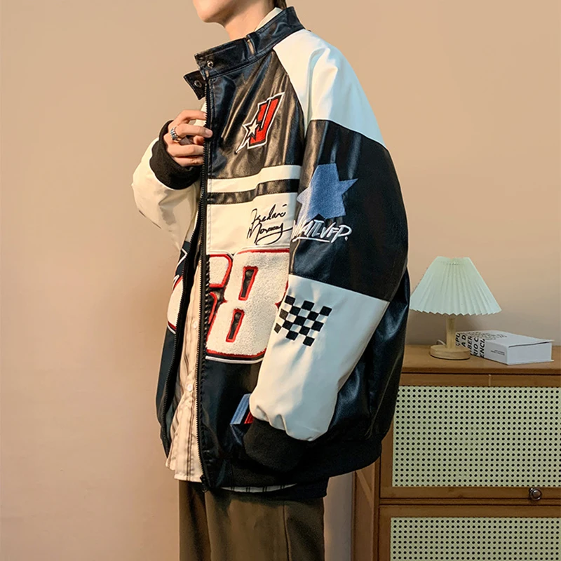 Chaqueta de motorista para hombre, abrigo de cuero para motocicleta, antiviento, con cremallera bordada, Top de otoño - imagen 3