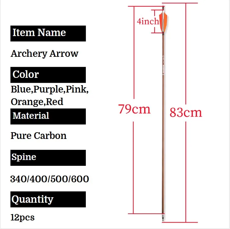 12 Uds flechas de tiro con arco 32,6 pulgadas flecha de carbono puro columna vertebral 340 400 500 600 eje ID 6,2mm para arco recurvo caza tiro al portab - imagen 5