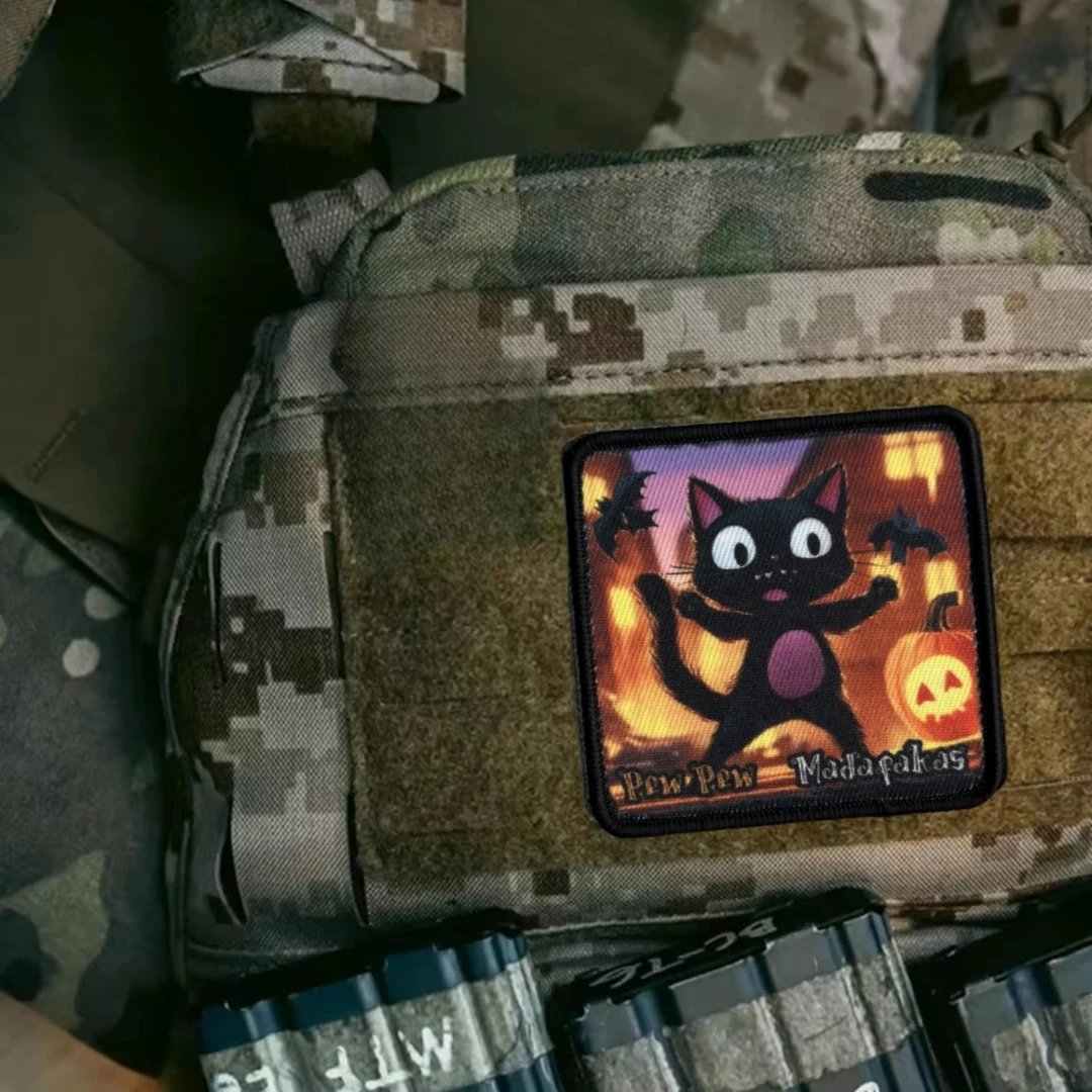Parche de gato negro de Halloween "Pew Pew Madafakas", insignia de moral táctica, pegatina para mochila, parches de gancho y bucle impresos para ropa - imagen 4