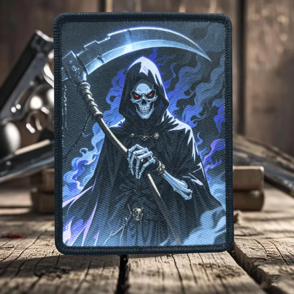 Grim Reaper Scythe esqueleto moral parche táctico impreso gancho y bucle emblema insignia militar brazalete de combate pegatinas para mochila