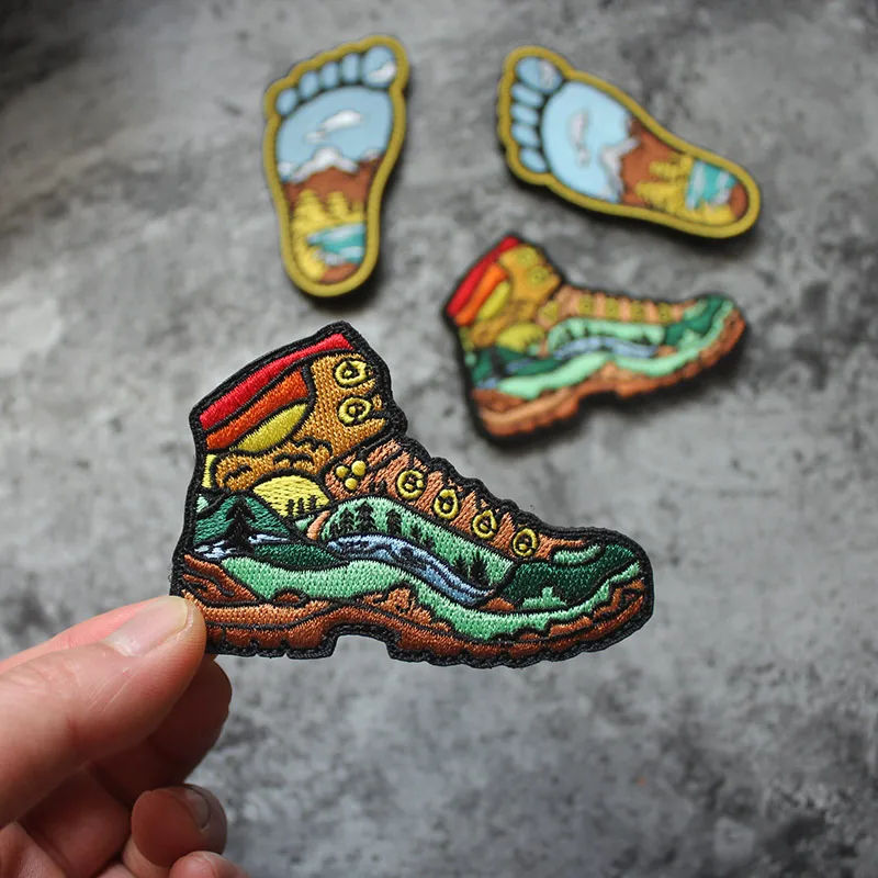 Zapatos de senderismo para aventuras al aire libre, insignia bordada, pies de la selva, paisaje creativo, chaquetas de moral, brazalete, parches para mochila de costura DIY - imagen 4
