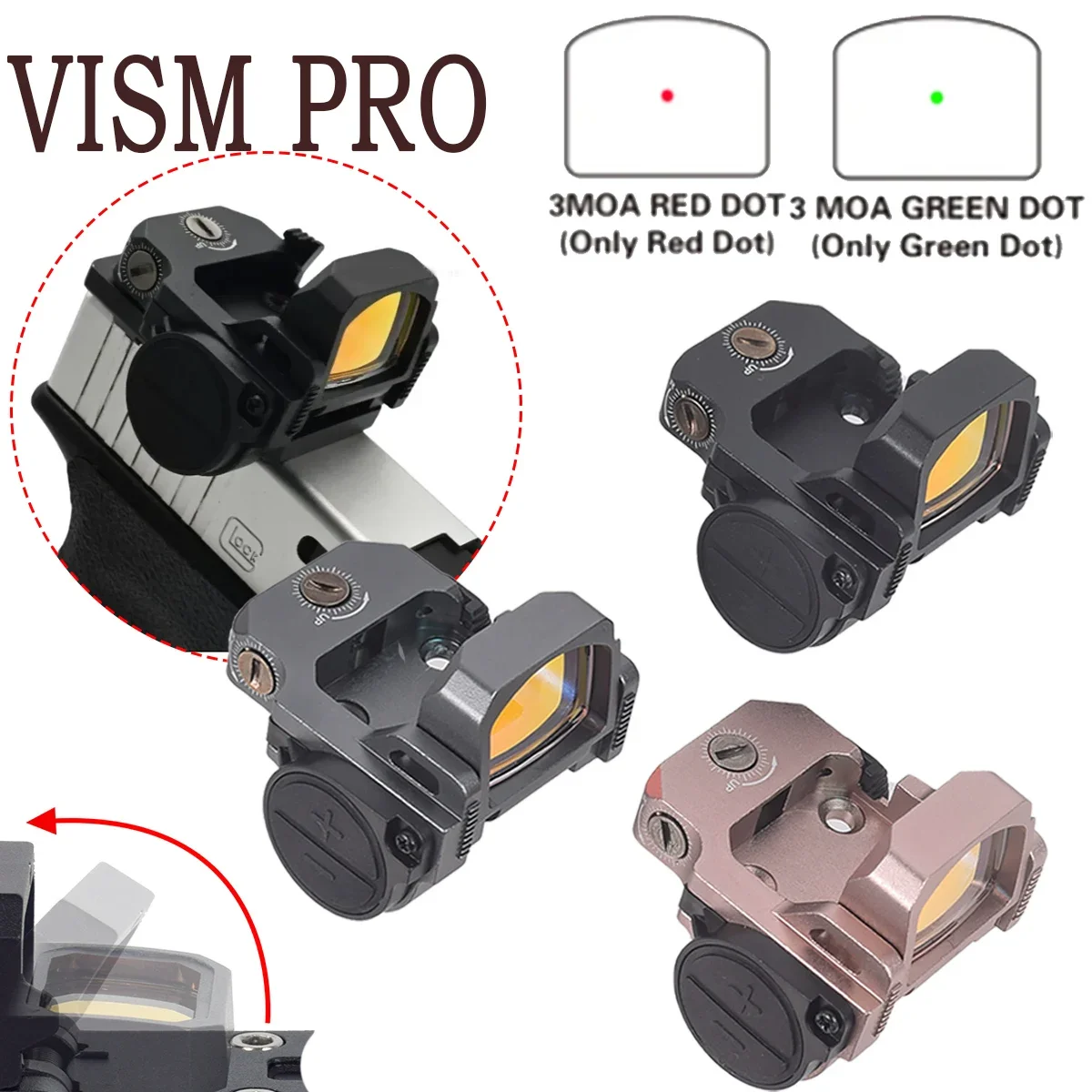 Mira réflex de punto rojo y verde, visor óptico con Base de montaje Mos Glock para Rifle de pistola ISPC, RMR Footprint VISM PRO Flip Up 3 MOA - imagen 2