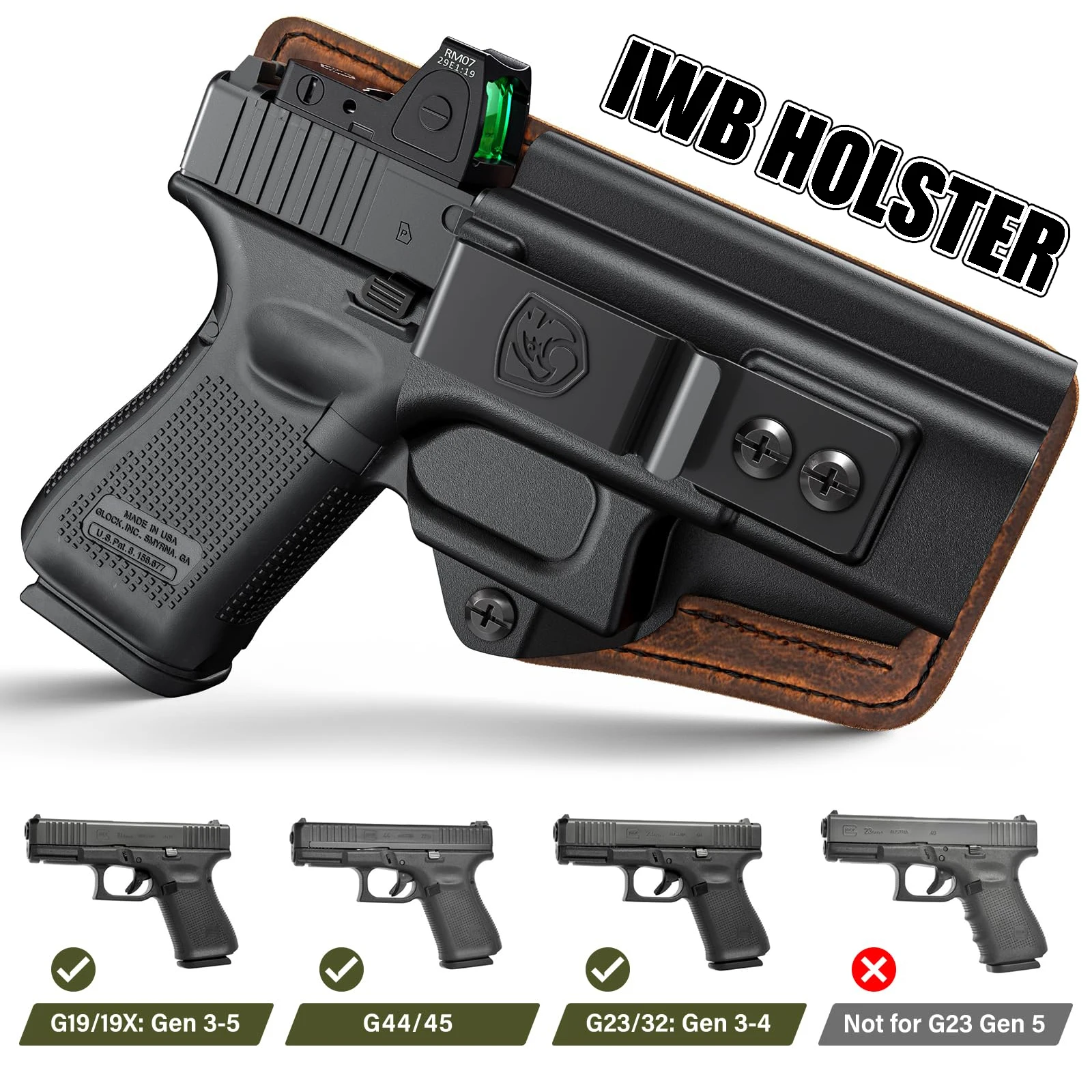 Funda IWB de transporte oculto compatible con Glock 19 (G19 Gen 3/4/5),19X,44,45,23,32 Funda de cuero Ideal para cinturilla interior