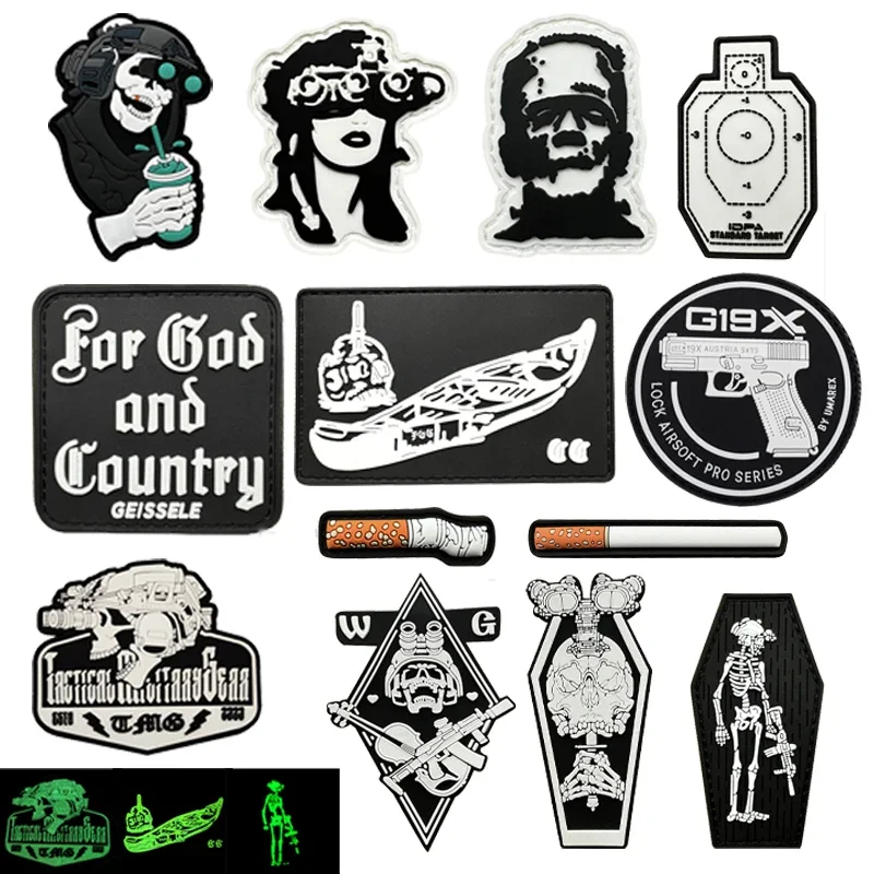 Insignia de moral de visión nocturna táctica, brazalete de PVC que brilla en la oscuridad con calavera táctica para hombre, parche mágico con gancho - imagen 2