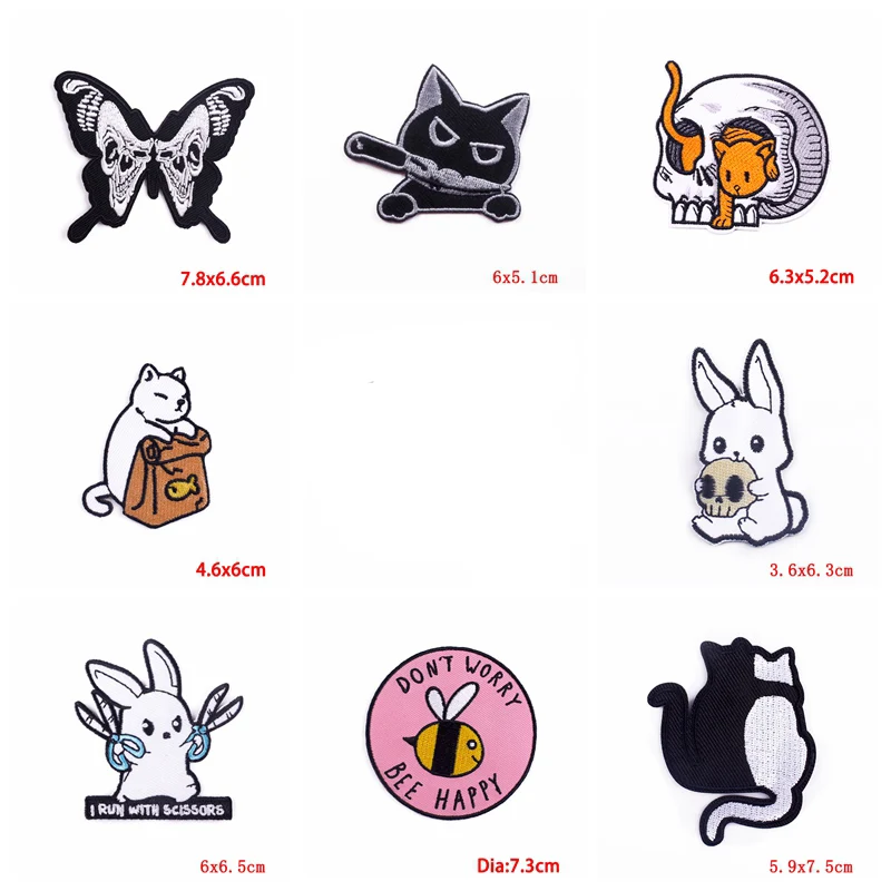 Parche bordado de gato Hippie, dibujos animados, Animal, Calavera, parches termoadhesivos para planchar en la ropa, 10 unids/lote - imagen 4
