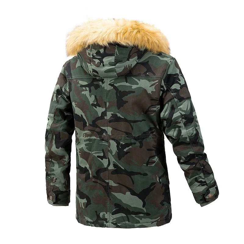 Parkas militares de camuflaje para hombre, chaquetas de carga de longitud media resistentes al desgaste, múltiples bolsillos, sombrero desmontable para exteriores, abrigos de bombardero de lana, Invierno - imagen 2