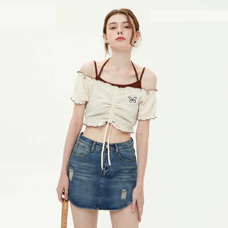 Camisetas sin mangas con hombros descubiertos para mujer, camiseta informal de dos piezas para mujer, Tops cortos sexys de manga corta con volantes - imagen 2