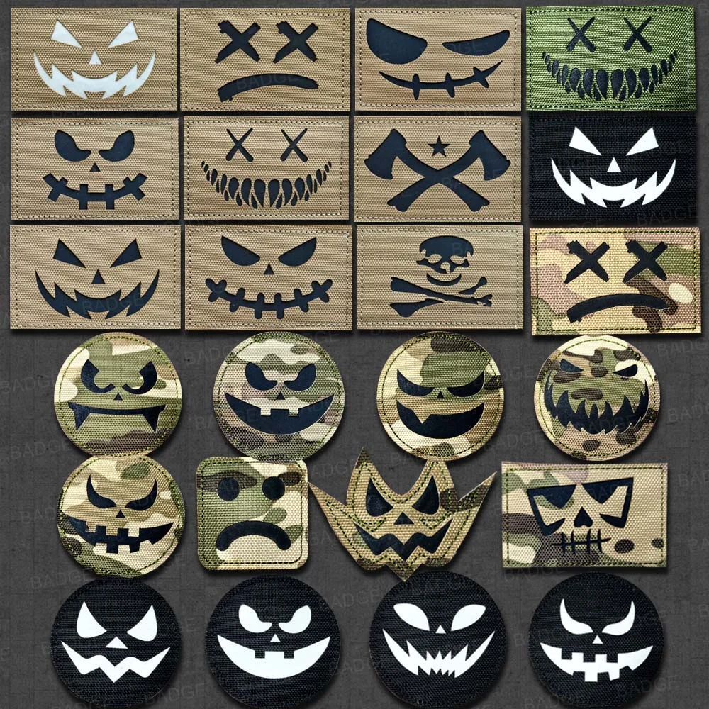 Reflejo de sonrisa malvada, calabaza, esqueleto, fantasma, parche táctico de Halloween, insignias de gancho y bucle para chaleco, sombreros, equipo, colecciones