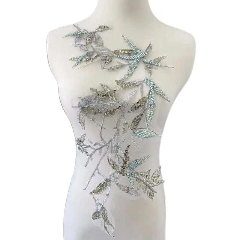 Apliques de encaje de hoja de bambú, adornos de costura, bordado Floral con cuentas de lentejuelas, parches para coser, decoración DIY para vestido de fiesta, 43x30CM - imagen 3
