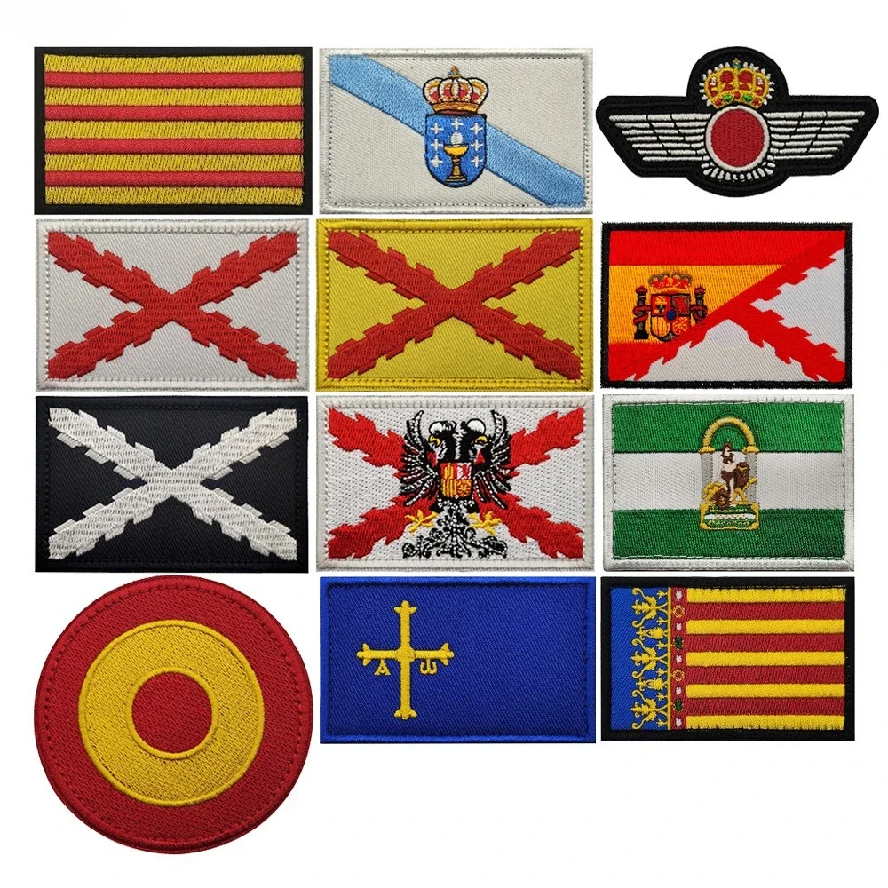 Brazalete bordado español Galicia, Cataluña, Valencia, Andalucía, Asturias, España Banderas Borgoña Gancho y Anillo Parche Mágico