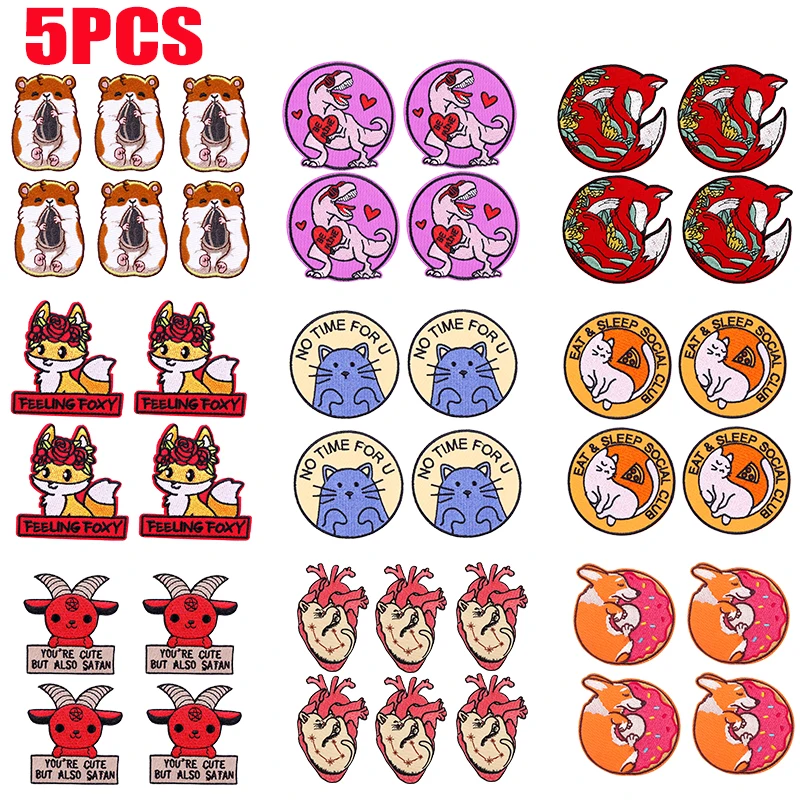 5 unids/lote zorro gato dinosaurio parche hierro en parches para ropa dibujos animados animales parches bordados para ropa chaquetas Jeans DIY
