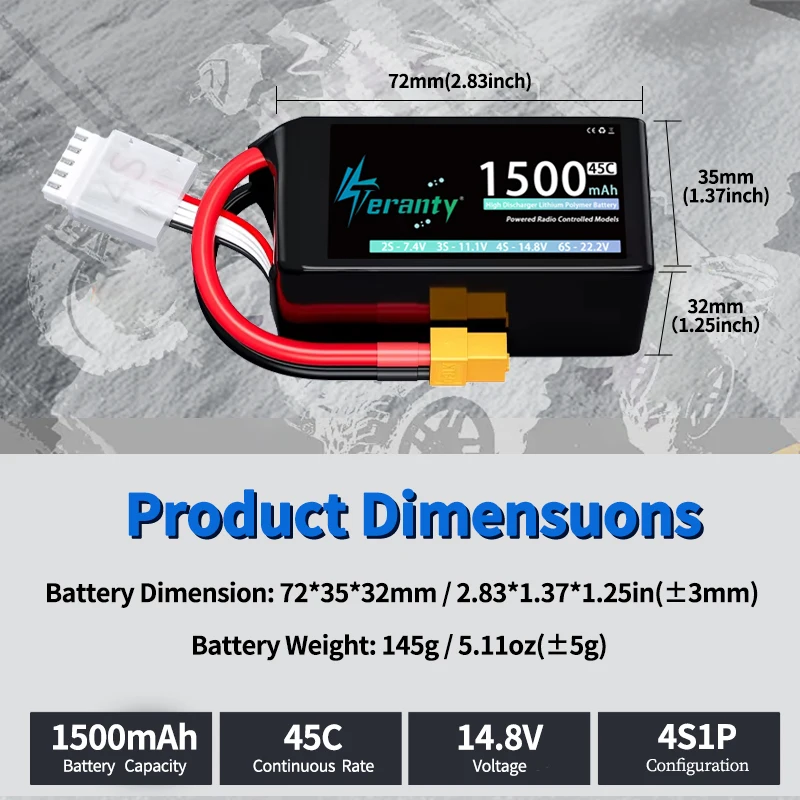 TERANTY Batería Lipo 1500mAh 45C XT30/XT60 T-Deans para Drones RC - imagen 4