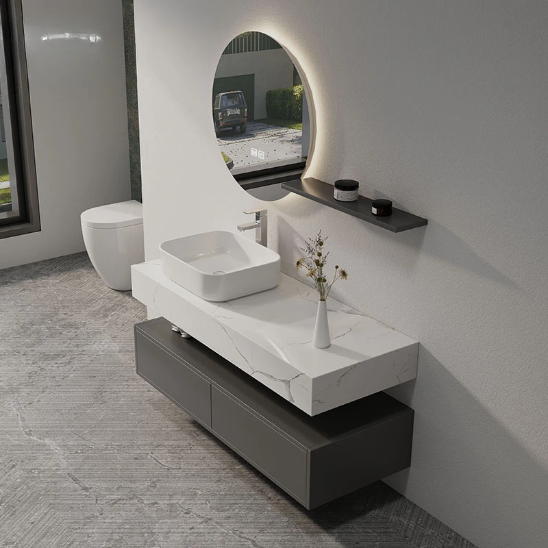 Mueble de baño moderno y sencillo con lavabo en la plataforma de roca combinado con un lavabo de pared personalizado para baño de lujo ligero. - imagen 2