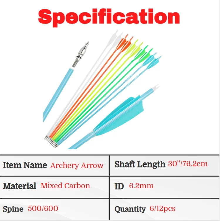6/12 Uds flechas de carbono mezcladas 31,57 pulgadas columna vertebral 500 600 con pluma Natural de 4 "punto de objetivo de 100 granos para tiro con arco - imagen 3