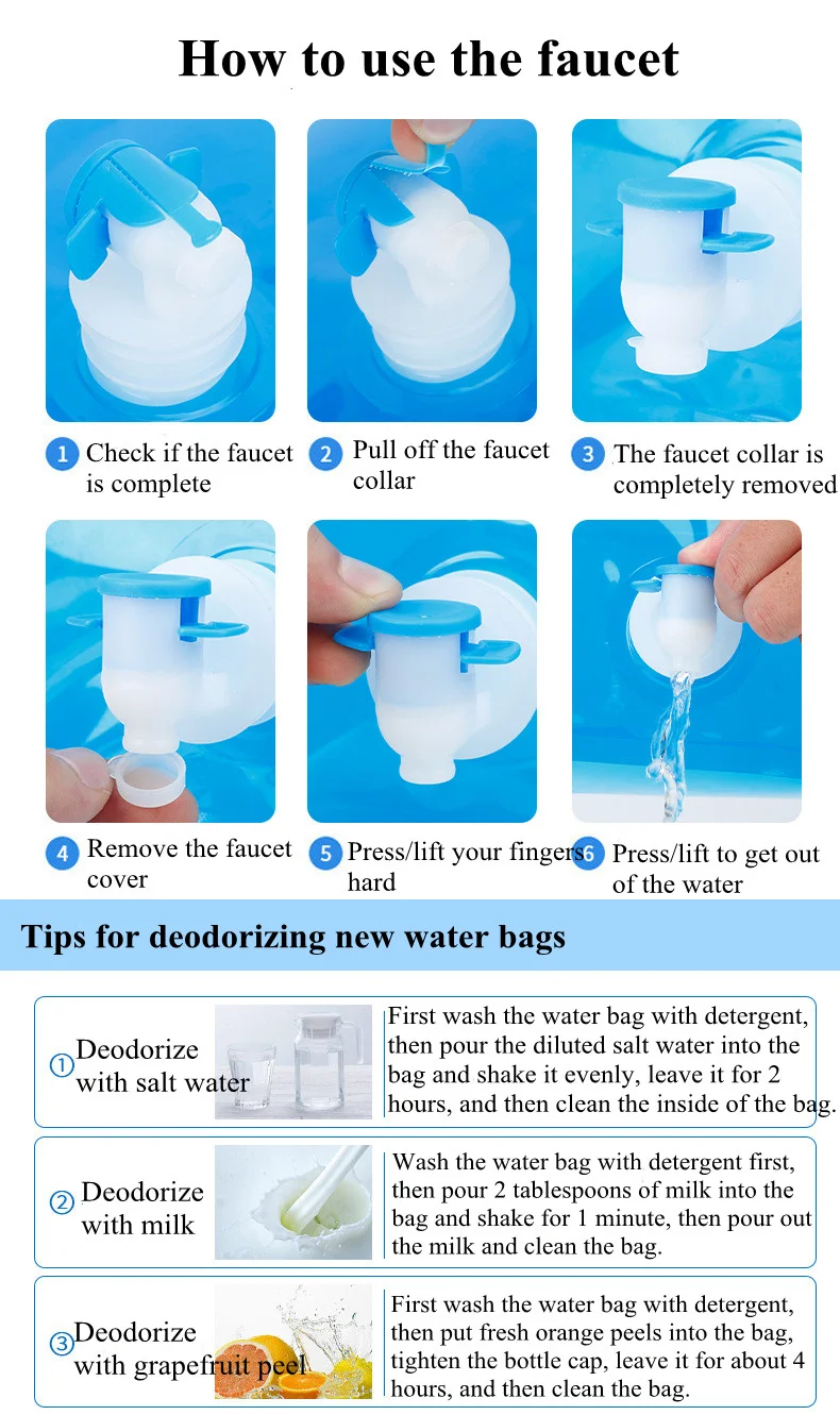 Bolsa de agua portátil para acampar, contenedor de agua grande plegable para exteriores, bolsas de agua de 10 litros, cubo de almacenamiento de agua plegable, 5/10L - imagen 5