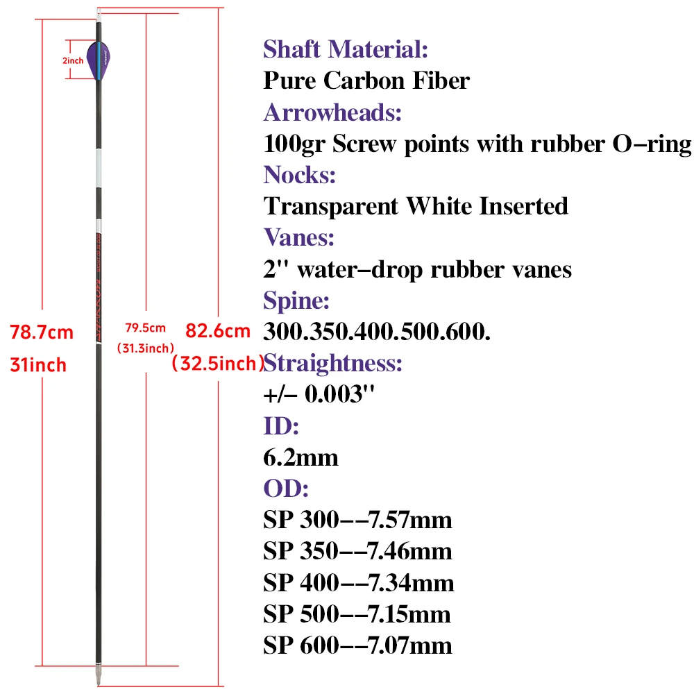 Flecha de fibra de carbono pura para tiro con arco, 6 uds., ID6.2mm SP 300-600, varilla de 100 granos, punta de flecha, arco compuesto, tiro, práctica de entrenamiento de caza - imagen 3