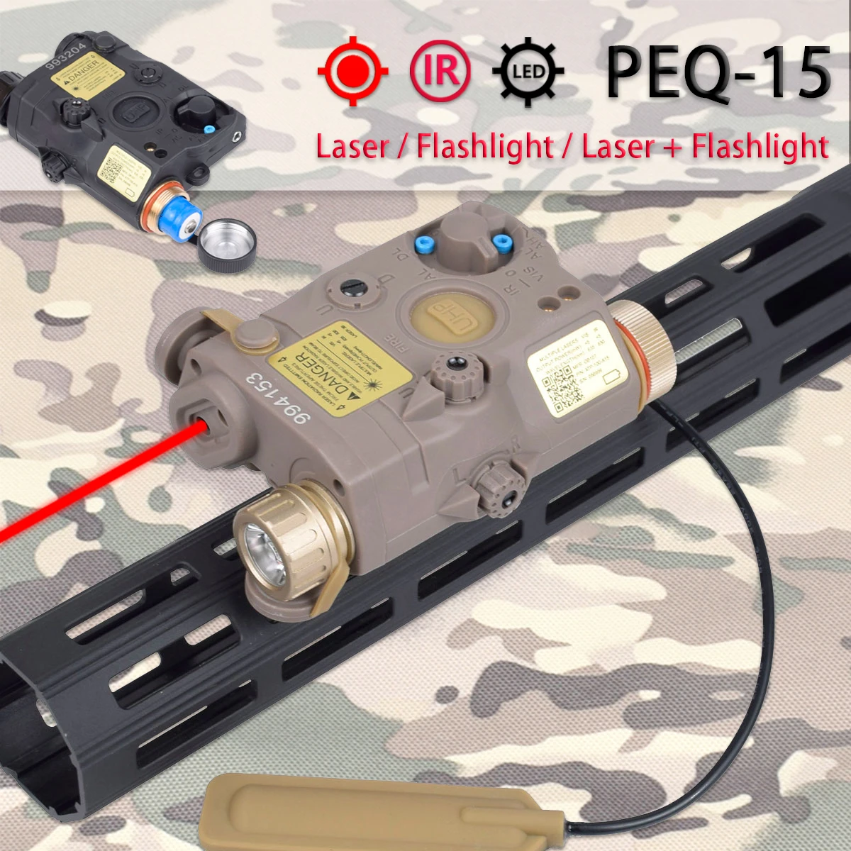 PEQ-15 DBAL-A2 arma luz roja punto verde puntero láser mira para caza Airsoft Rifle AR15 M4 linterna antorcha montada en riel - imagen 5