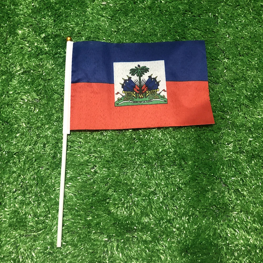 SKY FLAG Bandera de mano de Haití 14x21cm 10/20/50/100 Uds poliéster penetración de doble cara HT Bandera ondulada de mano de Haití con poste de plástico - imagen 3