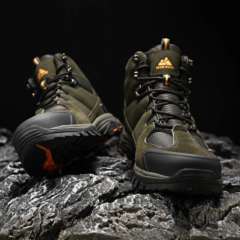 HIKEUP-Bota de senderismo de alta calidad para hombre, zapatos de invierno para exteriores, botas de Trekking informales antideslizantes con cordones para deportes al aire libre, gamuza impermeable - imagen 4