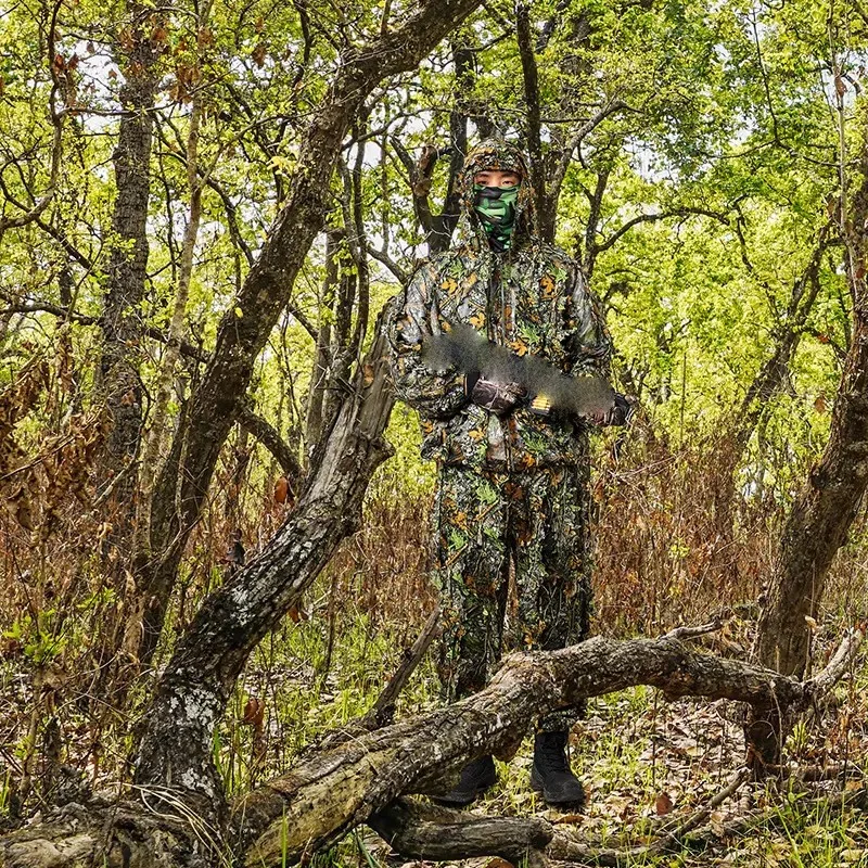 Conjunto de traje Ghillie de camuflaje biónico con hojas 3D para exteriores, pantalones, chaqueta con capucha, ropa de jungla para caza, tiro con arco, observación de aves y senderismo