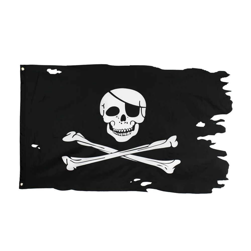 Bandera pirata doble cráneo con cuchillos vista frontal