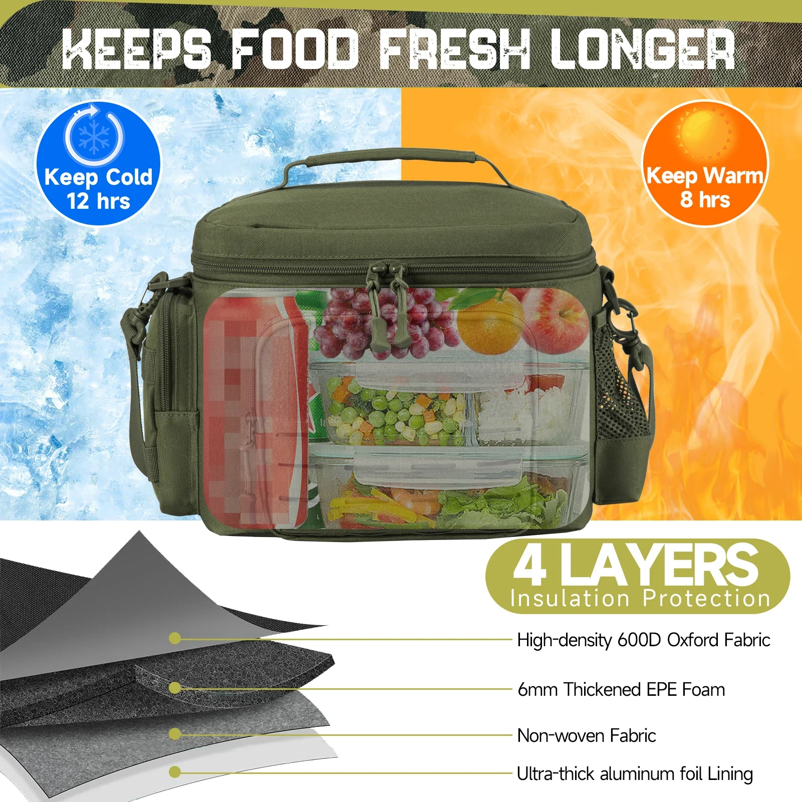 Fiambrera táctica para hombres, bolsa de almuerzo resistente al aire libre, bolsa térmica duradera con aislamiento a prueba de fugas para trabajo, comida, Camping, Picnic - imagen 4