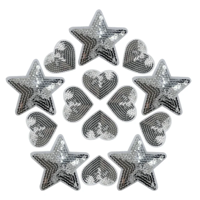 14 unids/lote de parches de estrella de lentejuelas para planchar, parches bordados de corazón para coser, apliques DIY, apliques de colores vivos brillantes para ropa - imagen 5