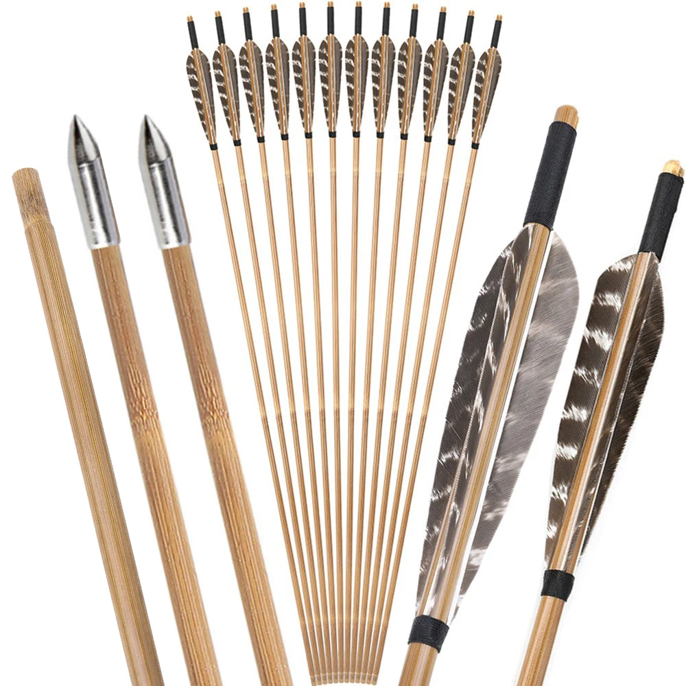 6/12 Uds flecha de bambú 85cm OD 8mm eje tiro con arco plumas reales 125 puntas de grano arco largo arco tradicional caza tiro objetivo flecha