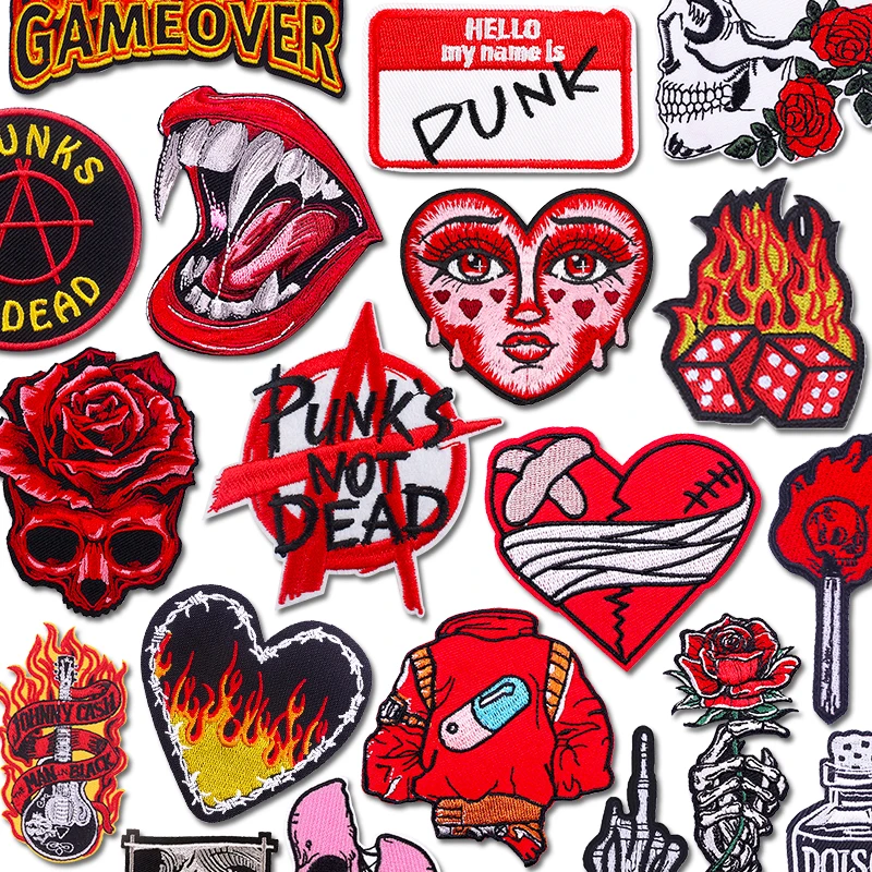 Parche de esqueleto Punk, parche bordado, parches para planchar para ropa, esqueleto de terror, corazón rojo en ropa, insignia adhesiva para coser