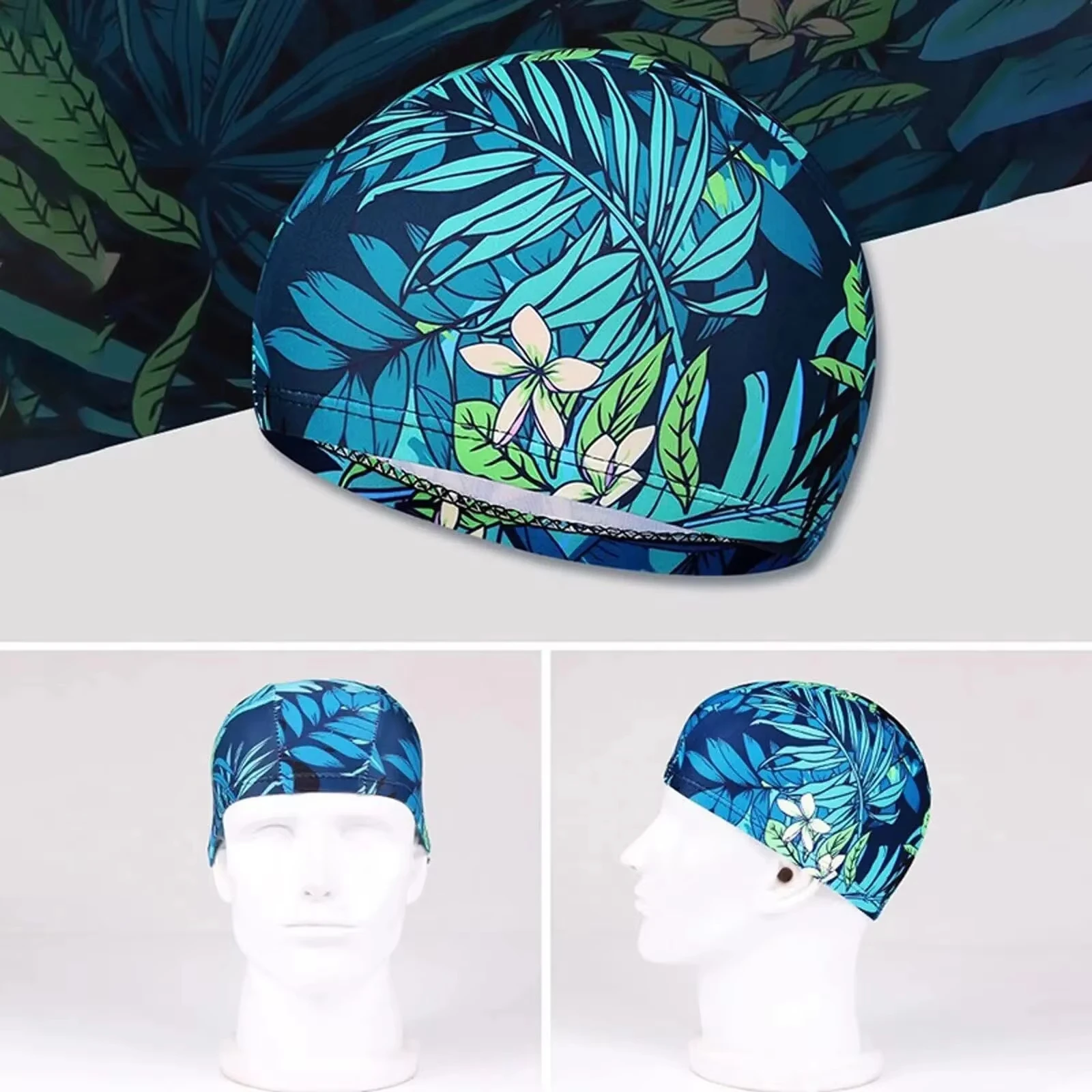Gorro de natación con estampado de hojas con protección para los oídos y diseño antideslizante para adultos: perfecto para piscina, playa y diversión de verano