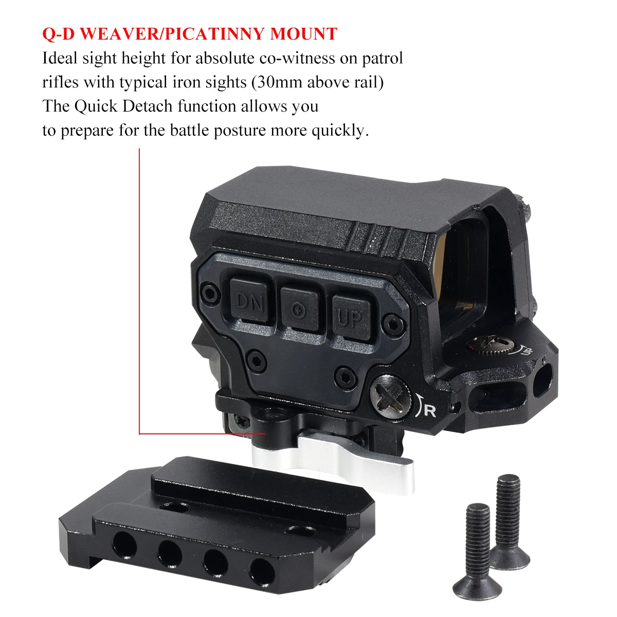 Mira réflex de punto rojo R1X, 2 MOA táctica con montaje Q-D, óptica de punto rojo holográfica, alcance ajustable, montaje en riel de 20mm - imagen 4