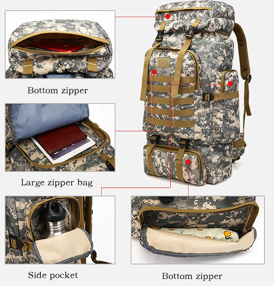 Mochila táctica Molle Camo impermeable de 80L, mochila militar del ejército, senderismo, Camping, mochila de viaje, bolsa de escalada para deportes al aire libre - imagen 5