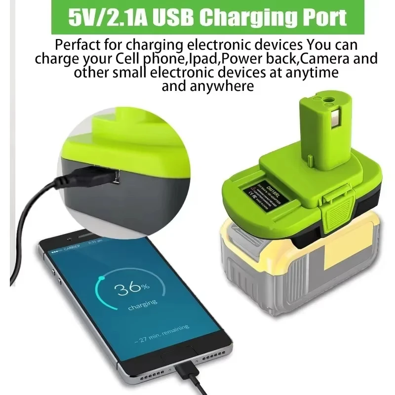 Adaptador de batería DM18RL para herramientas Ryobi de 18V, conversión para batería de iones de litio Dewalt /Milwaukee de 18V /20V a batería Ryobi de 18V con USB - imagen 5