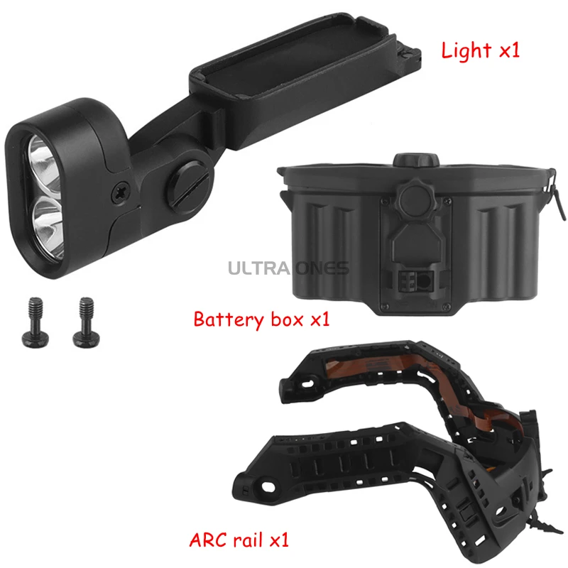 Luz táctica para casco con riel de arco, conjunto de caja de batería, luces de señal de cabeza blancas/IR, sistema de iluminación CS para casco de corte súper alto