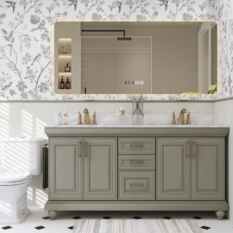 Combinación de gabinete de baño de panel de roca de estilo americano y francés personalizado, lavabo integrado de cerámica sin costuras de madera maciza, - imagen 3