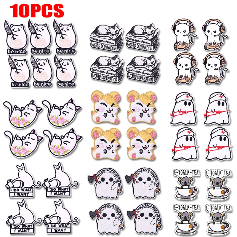 10 Uds. Gato divertido bordado DIY parche de animales chaquetas sombreros mochila planchado coser DIY parche de dibujos animados planchar en parches para ropa