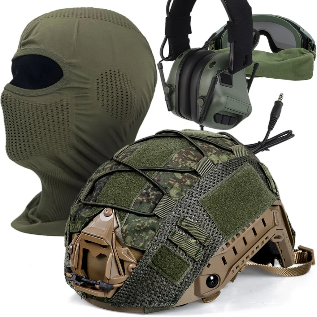 Conjunto de casco táctico Airsoft con funda para casco de camuflaje Multicam y auriculares de comunicación, gafas protectoras, paquete múltiple, máscara de pasamontañas - imagen 4