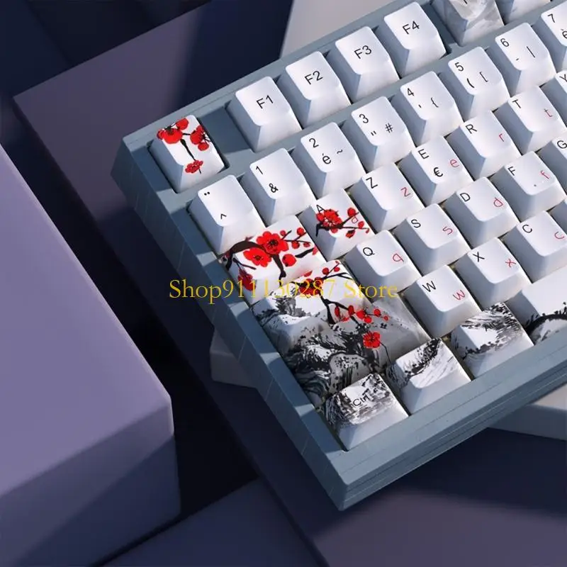 J1HC 128 teclas PBT Keycap flor ciruelo sublimaciones ruso coreano japonés teclas para teclados mecánicos