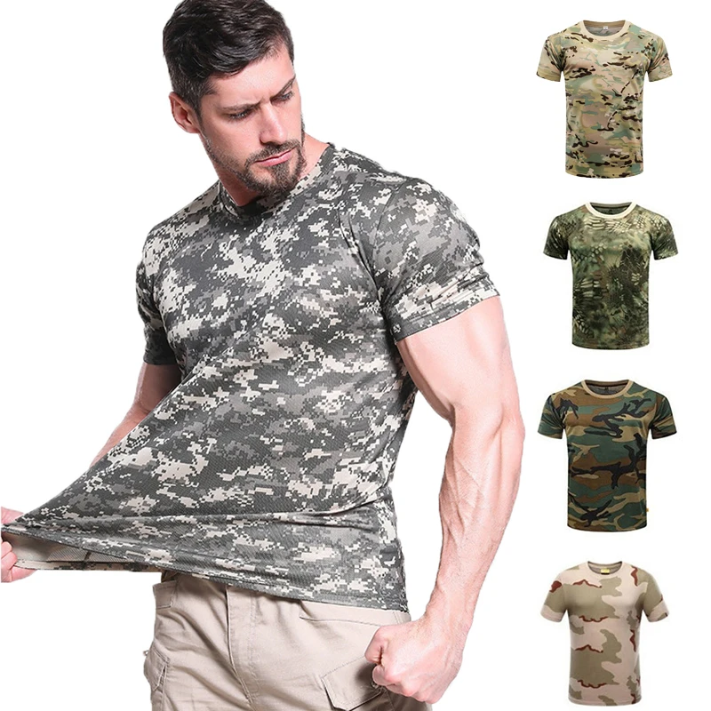 Camiseta de camuflaje para hombre, camiseta de verano de secado rápido, camisetas de manga corta para hombre, camiseta de Fitness de combate táctico militar al aire libre - imagen 3